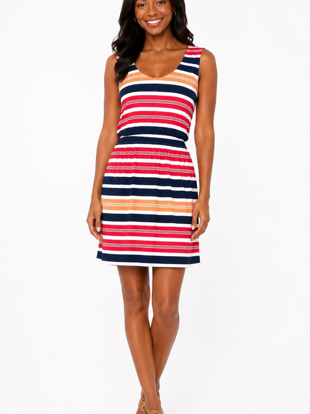 (A12) Pink Rose Striped Sleeveless Dress - Red, Orange & Navy, Size Large, NWOT‎